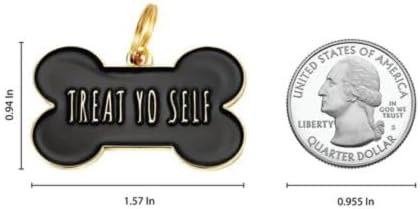 Two Tails Treat Yo Self Pet ID Tag, Dog Essentials, Personalized Dog Name Tag for Puppies & Dogs, Custom Engraved Charm for Collars & Harnesses, Pet Accessories, Cute Durable with Gold Plating, Black