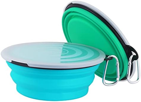 SLSON Dog Bowls Pet Collapsible Bowl with Cover Lids, 2 Pack, Light Blue and Green, Large