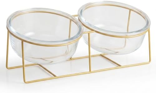 Elevated Dog Bowl Set of 2 - Double Glass Bowls with Gold Iron Stand - Raised Dishes Comfortable Feeding - Ideal for Small to Medium Sized Dogs