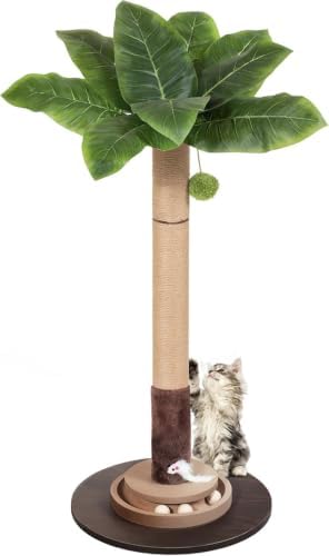 40" Cat Scratching Post, Natural Sisal Rope Cat Scratcher Tree, Cat Scratcher Post with Hanging Ball, Heavy-Duty Wood Base with Mouse Hole & Ball Track for Kitten & Adult Cats