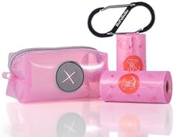 Dog Poop Bag Holder, Pink Dog Bag Holder for Leash and 1 S-Shape Carabiner Clip, 2 Pink Dog Poop Bags Rolls (30 Count, Scented)