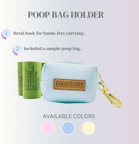 Dog Poop Bag Holder with Leash attachment, Waste litter bag container, Lead accessories, Metal hook hands free holder, Zipper pouch stylish gold hardware (Blue)