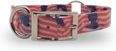 American Flag Heavy Duty D & Center Ring 21" Dog Collar w Custom Name Tag