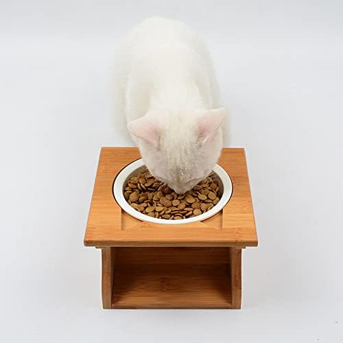 Cat Bowls Pet Dining Table with Raised Slope Wooden Stand Elevated Pet Bowls with Oblique Stand for More Comfortable Eating for Cats, Dogs, Kitten and Puppy (Single Bowl, Ceramics)