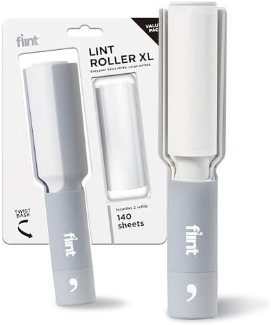 Flint Plus XL Retractable Lint Remover & Pet Hair Roller for Clothes – Refillable & Reusable Lint Roller with 140 Extra Sticky Tear-Off Sheets – Value Pack, Light Grey