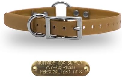 Lightweight Waterproof D & Center Ring Dog Collar w Custom Name Tag, Tan