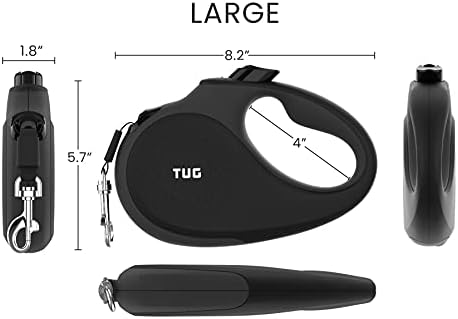 TUG Original Retractable Dog Leash, Anti-Slip, 16’ Tape (Large, Black/Grey)