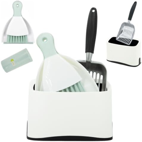5-in-1 Heavy-Duty Full Metal Cat Litter Scoop with Holder, Cats Litter Scooper Includes Litter Bags, Handy Small Broom&Dustpan Set, Quick Sift, Easy to Clean