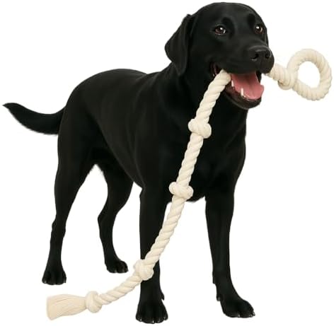 51" Extra Long Dog Rope Tug Toy with Loop Handle – 6-Knot Cotton Rope for Training, Tug-of-War & Interactive Play, Durable for Medium & Large Dogs, Indoor & Outdoor, Washable, White