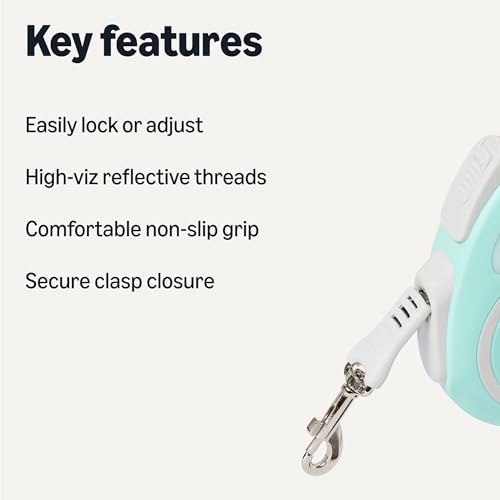 Amazon Basics Retractable Dog Leash, Double-Sided Reflective, Ergonomic Handle, Quick-Lock, 16.4 ft, 33 lb, Size S, Blue