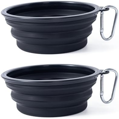 Dog Bowl Pet Collapsible Bowls, 2 Pack Collapsible Dog Water Bowls for Cats Dogs, Portable Pet Feeding Watering Dish for Walking Parking Traveling with 2 Carabiners (Black+Black, Medium)