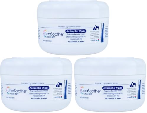 CeraSoothe CHX+KET Antiseptic Wipes for Dogs, Cats & Horses – Chlorhexidine 2% & Ketoconazole 1% for Skin & Coat Cleansing, 30 Count (Pack of 3)