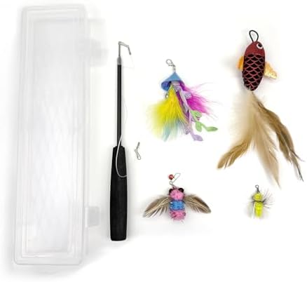Interactive Cat Wand Toy with 4 Refills and Storage Box – Collapsible Cat Teaser Stick with Catnip Lure, Insect & Ribbon Attachments – Feather Cat Toys for Indoor Cats Enrichment