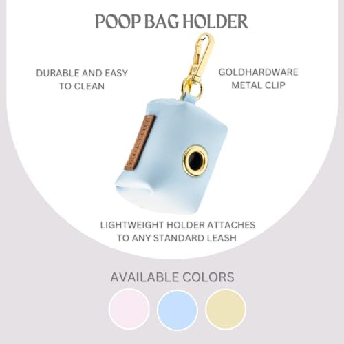 Dog Poop Bag Holder with Leash attachment, Waste litter bag container, Lead accessories, Metal hook hands free holder, Zipper pouch stylish gold hardware (Blue)