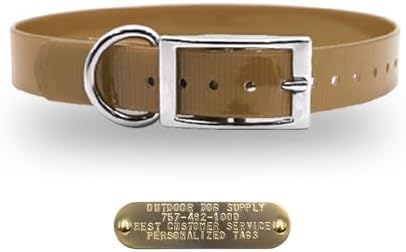 Light Weight Waterproof D-Ring Dog Collar w Custom Name Tag, Tan