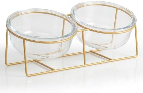 Elevated Dog Bowls for Small Dogs - 2 Glass Bowls with Gold Iron Stand - Raised Pet Dish Set for Food and Water - Comfortable Feeding