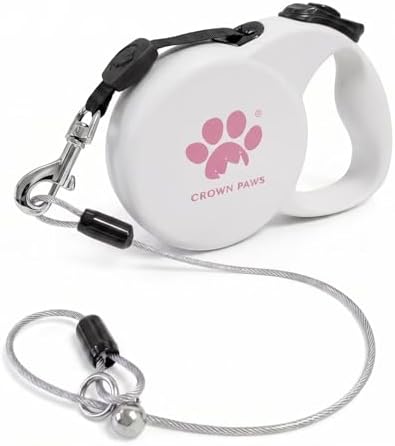 Chew Proof Retractable Dog Leash for Small Dogs up to 33lbs, 10ft Heavy Duty Dog Lead with Anti-Chewing Steel Wire Rope, Tangle-Free, One-Hand Brake & Lock, White S