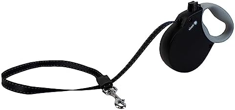 Alcott Adventure Retractable Reflective Belt Leash – 10 Feet – Extra Small for Dogs up to 25 lbs, Black with Grey Soft Grip Handle – Durable & Comfortable Dog Leash