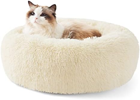 Bedsure Calming Cat Beds Donut Round Washable Kitten Bed,20 inches Cream