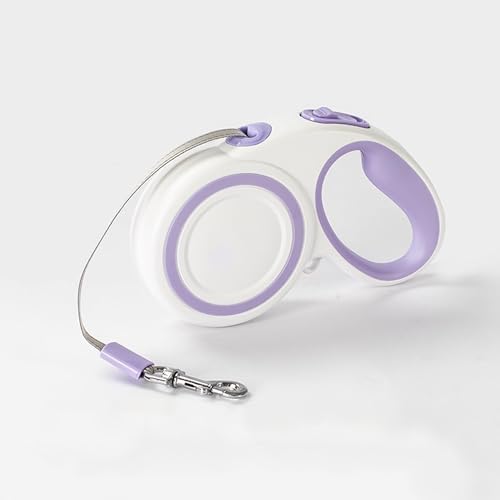 Retractable Dog Leash, Heavy Duty Reflective Nylon Tape Lead 16 ft Long, up to 110lbs, One-Handed Brake, Lock, Automatic Telescopic Dog Tape, Non-Slip Handle (White-Purple, Large)