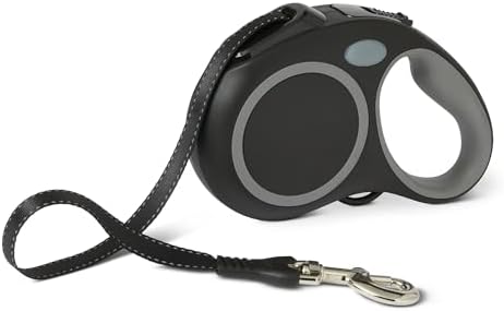 Amazon Basics Reflective Retractable Dog Leash, 16.4 Ft Tape Leash for Dogs Up to 110 Lbs, Non-Slip Comfort Grip, Quick-Lock, Large, Black