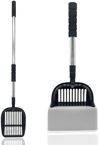 PINVNBY Cat Litter Scooper, Long Handle Litter Sifter Scoop with Litter Scoop Holder Stainless Steel Kitten Scooper Deep Kitty Litter Scooper with Box Metal Detachable Sifting Litter Shovel Set