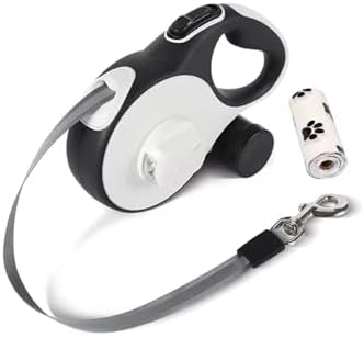 Retractable Dog Leash with LED Light for Night Walking – 16ft Tangle-Free Leash with Poop Bag Dispenser, One-Button Lock, Reflective Handle