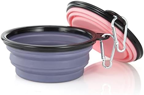 Dog Bowl Pet Collapsible Bowls, 2 Pack Collapsible Dog Water Bowls for Cats Dogs, Portable Pet Feeding Watering Dish for Walking Parking Traveling with 2 Carabiners (Small, Purple+Fairy Pink)