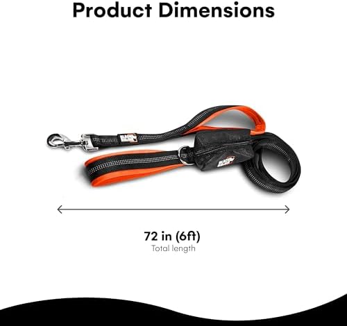 Black Rhino Heavy Duty Dog Leash for Medium and Large Dogs - 6 ft Long Double Handle Leash with Padded Traffic Control Handles and Bag - Reflective, Durable, and Weather Resistant (Orange)