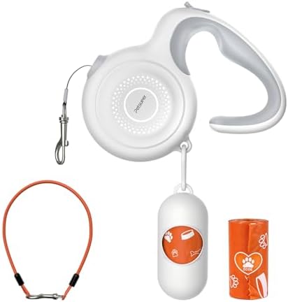 10Ft Retractable Dog Leash with Chew-Proof Steel Cable, 360° Tangle-Free, Built-in Poop Bag Dispenser, Ergonomic Comfort Grip Handle for Small Medium Dogs Up to 60lbs