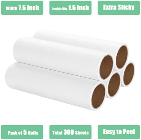 7.5 inch Lint Roller Refills Only, Pet Hair Remover Refills for Clothes Carpet Floor Couch, Extra Sticky Lint Brush Roller Refills, Pack of 5 Rolls, Total 300 Sheets (7.5'' Wide)