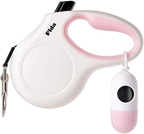 Fida Retractable Dog Leash with Dispenser and Poop Bags, 16ft, White & Pink