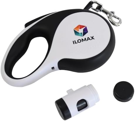 ILOMAX 360° Tangle-Free Retractable Dog Leash Built-in Waste Bag Dispenser Under Handle 2 Rolls Poop Bags Included Heavy Duty Tape Leash for Dogs up to 50kg Carry Pouch Included (White, XL)