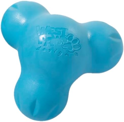 WEST PAW Zogoflex Tux Treat Dispensing Dog Chew Toy – Interactive Chewing Toy for Dogs – Dog Games for Aggressive Chewers, Fetch, Catch – Holds Kibble, Treats, Small 4", Aqua Blue