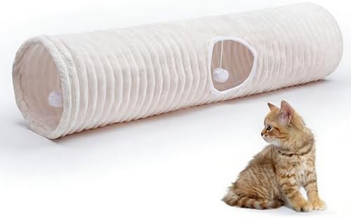 FORMYCATIE Luxurious Cat Tunnel,43" Straight Cat Tunnel Toys with Balls for Indoor,Collapsible Peekaboo Cave for Kitten （White Stripe）
