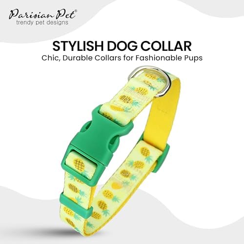 Parisian Pet Pineapple Dog Collar - Adjustable Girl Pet Collar with Secure Buckle and Metal D-Ring - Comfortable Designer Yellow Puppy Collars - Durable Nylon Dog Collars for Medium Dogs