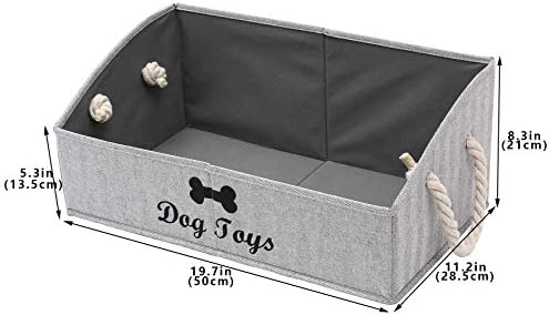 Geyecete Large Dog Toys Storage Bins-Foldable Fabric Trapezoid Organizer Boxes with Weave Rope Handle,Collapsible Basket for Shelves,Dog Apparel(Striped Gray-Dog)