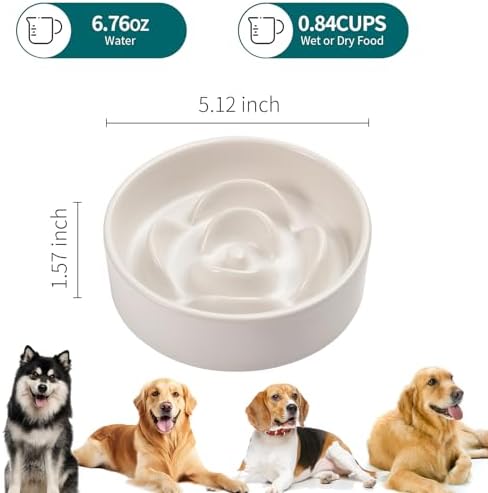 White Ceramic Slow Feeder Dog Bowl for Small and Medium Breeds,6.1 in Slow Feeding Bowl,Puzzle Cat Dog Food Bowl for Fast Eater,Maze Dish Puzzle Bowl for Small Dogs and Cats