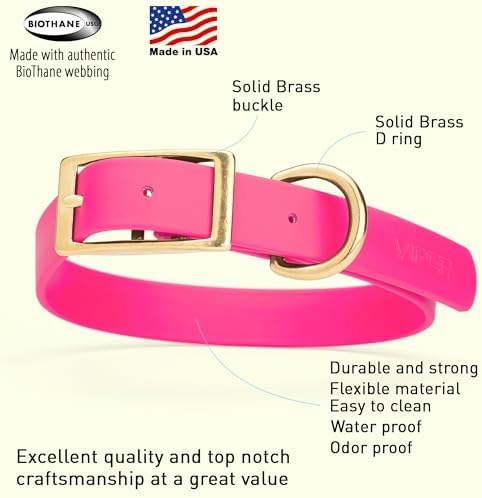 Viper Biothane Heavy Duty Waterproof Dog Collar Strong Coated Nylon Webbing w/Solid Brass Hardware Odor-Proof Easy to Clean High Performance Fits Small Medium or Large Dogs, Passionfruit Pink