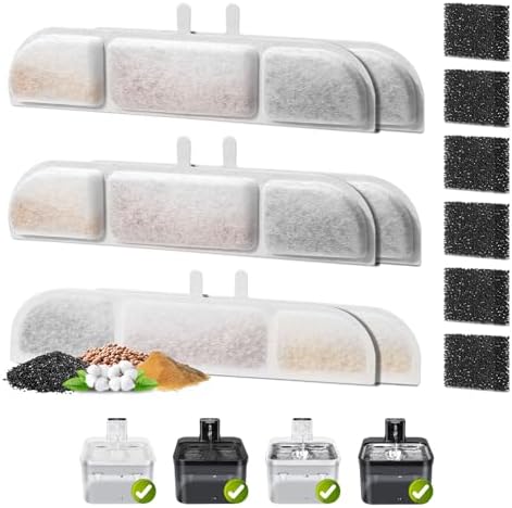 6 Pack Replacement Filters for 84oz/2.5L Fursink Pet Water Fountain, ZEKIRY Cat Water Fountain Filters, Triple Filtration Pet Fountain Filter Replacement(6 Filters & 6 Sponges)
