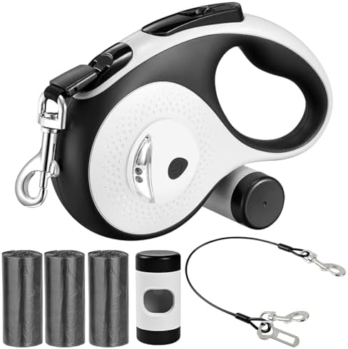 26Ft Retractable Dog Leash - for Dog Up to 110lbs, Tangle Free Walking Leash with Chew Proof Cable | LED Light | Dispenser | Poop Bags, Quick Lock Braking & Non-Slip Handle (White)