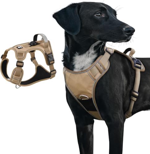 Upgraded Dog Harness with AirTag Holder, Escape Proof Adjustable Vest for Puppy Outdoor Walking, No Pull No Choke Breathable Jacket with Reflective Strips for Dark Night, Khaki M