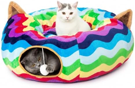 Large Cat Tunnel Bed Under Christmas Tree with Fluffy Toy Balls, Small Cushion and Flexible Design- 10 inch Diameter, 3 ft Length- Great for Cats, and Small Dogs, Rainbow Wave Color