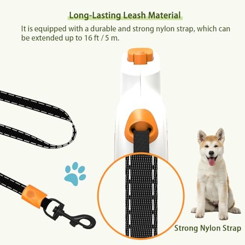 Upgraded 360° Tangle-Free Retractable Dog Leash with Anti-Slip Handle, 16Ft Strong Pulling Force Nylon Tape, One-Handed Brake, Lock, Smooth Retract, Medium, White