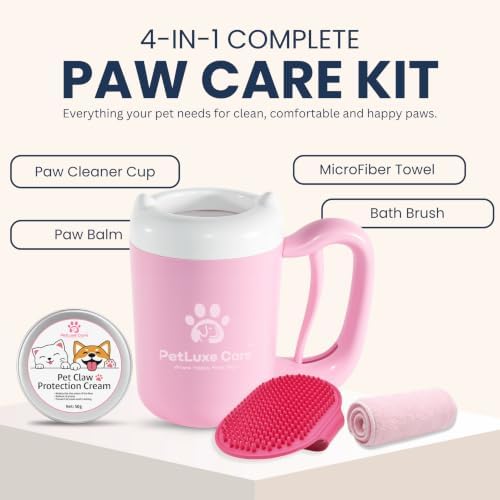 Dog Paw Cleaner, Paw Washer Cup with Soft Silicone Bristles, Portable Dog Foot Washer, 4-in-1 Paw Cleaner Kit with Paw Balm, Microfiber Towel & Grooming Brush (Pink Small)