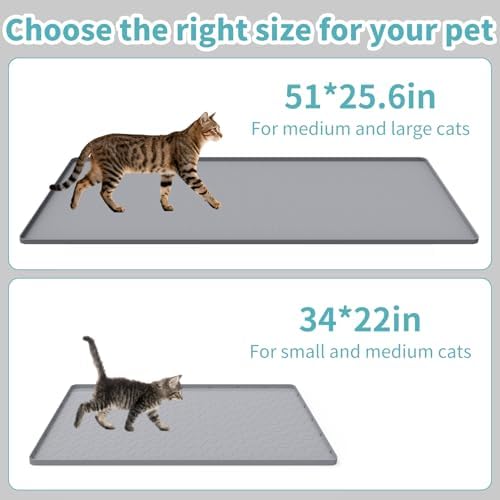 Cat Litter Mat, 51" x 25.6" Silicone Cat Mat for Litter Box, Silicone Cat Litter Box Mat for Scatter Control, Easy Clean, Waterproof and Non-Slip(Light Grey)