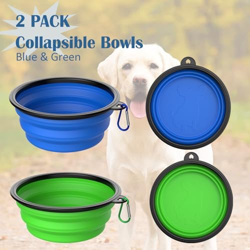 Collapsible Dog Bowls [2 Pack] 20 oz, Travel Dog Bowls, Pet Bowl Portable Foldable Water Food Feeding Dishes with Carabiner Clip for Traveling Hiking Walking-Green & Blue