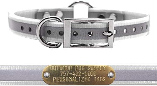 Reflective Waterproof D & Center Ring Dog Collar w Custom Name Tag, White