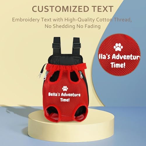Personalized Dog Carrier Backpack with Name Embroidery, Adjustable Front-Facing Legs-Out Design, Custom Dog Carrier Bag with Breathable Tail Hole & Chest Support for Small/Medium Dogs (Red, X-Large)