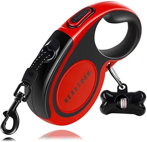 Upgraded Retractable Dog Leash, 16" Extra Long Tangle-Free Reflective Nylon, Small to Medium Dogs up to 110lbs, Waste Bags and Dispenser Included (Red)